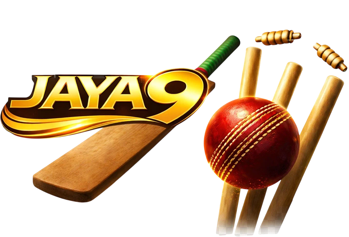 JAYA9 logo with cricket ball, bat and stumps isolated on transparent background