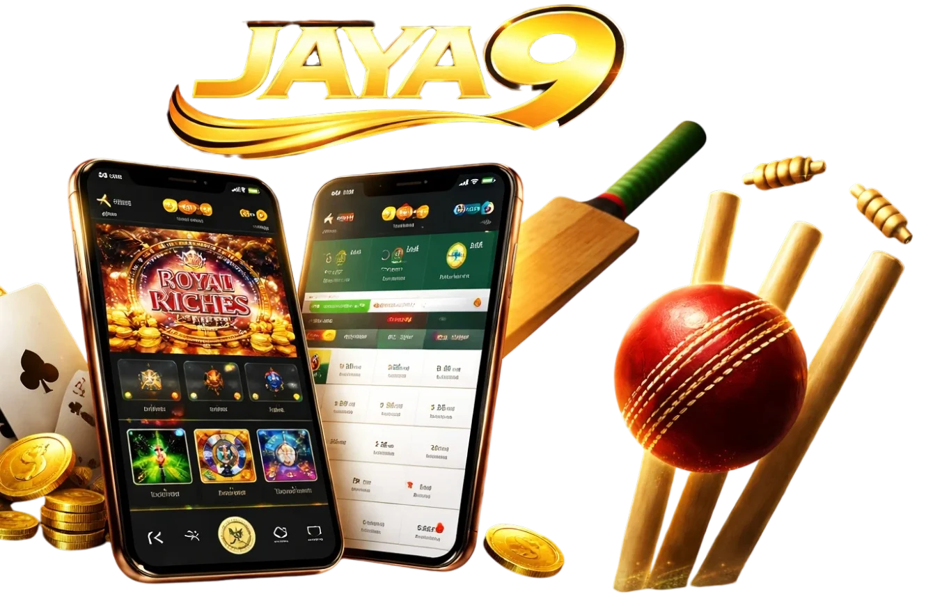 JAYA9 mobile app with smartphones, cricket elements and casino interface