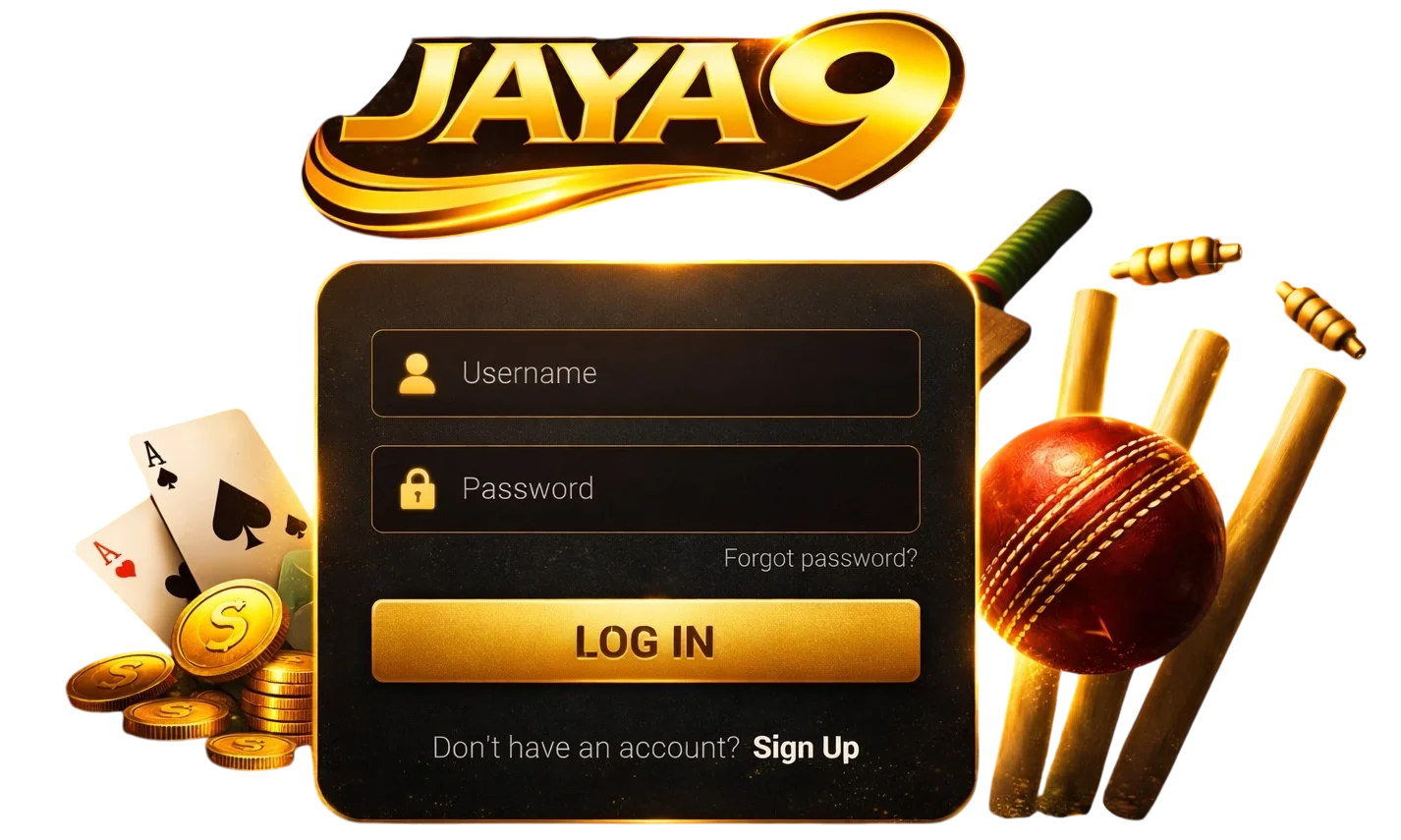 JAYA9 login concept with secure panel, cricket ball and casino elements